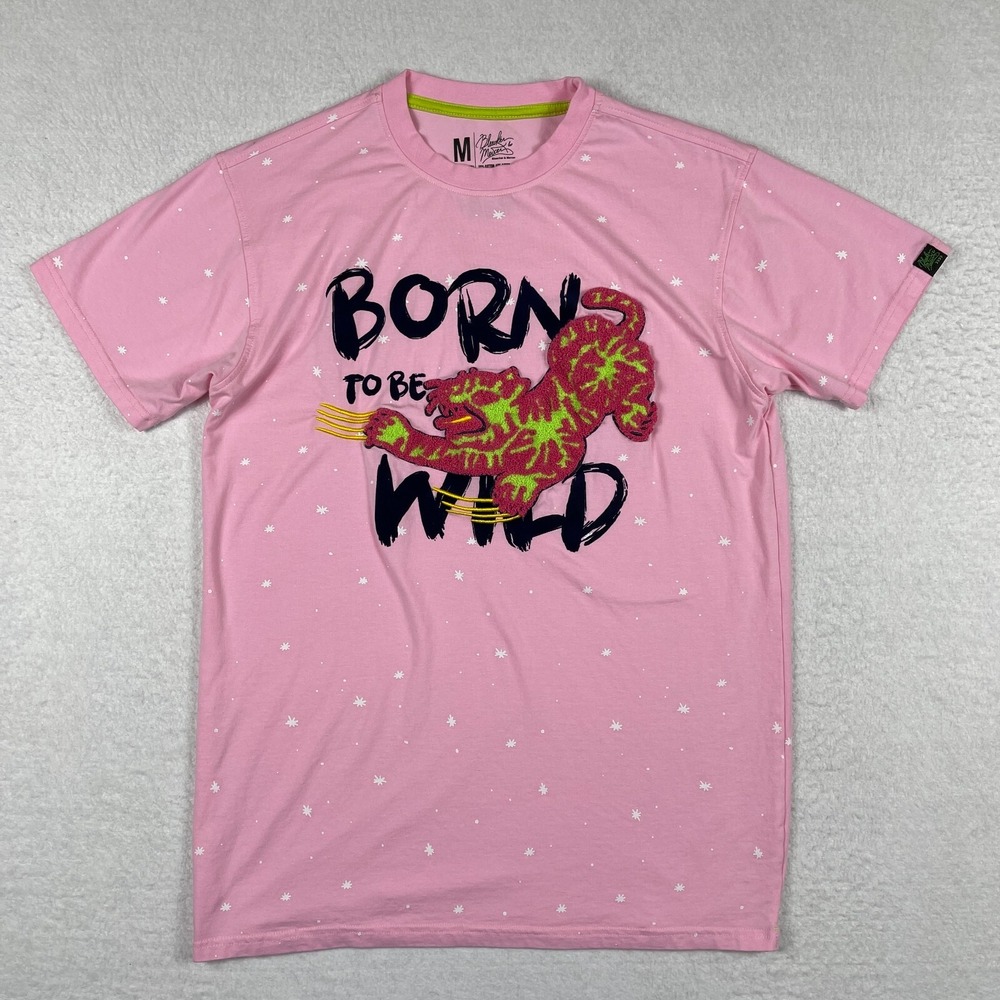 Bleecker & Mercer T-Shirt Mens Medium Pink Born To Be‎ Wild Chenille Tiger